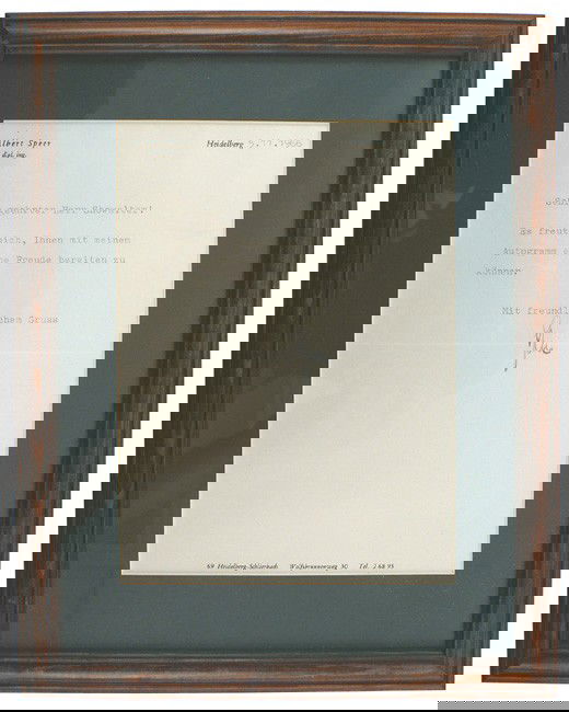 Third-Reich Albert Speer signed letter: Q-10 Third-Reich Armament Chief Albert Speer signed letter. On named letterhead and dated “5. 11. 1966”, a short typed message of a positive reply for a requested autograph is ink signed “Speer�