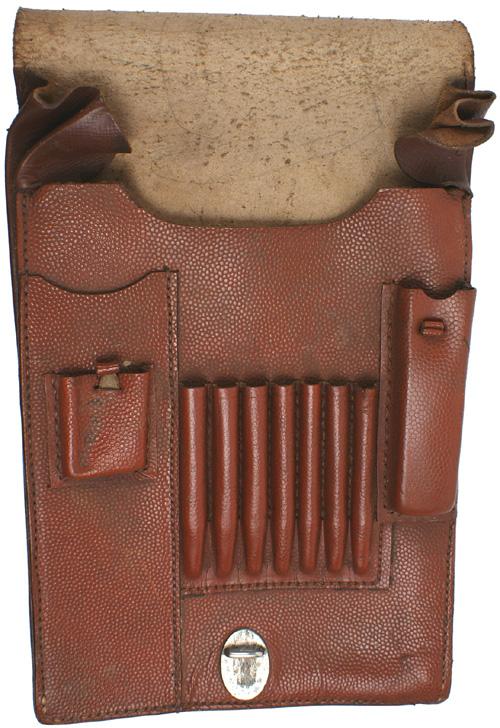 German WWII Officer map case: N-6 Officer's brown pebbled leather map case. Large front flap. Area for holding seven pencils and implements. Two belt loops and "D" rings on reverse. 11"x 7 ¾". II+
