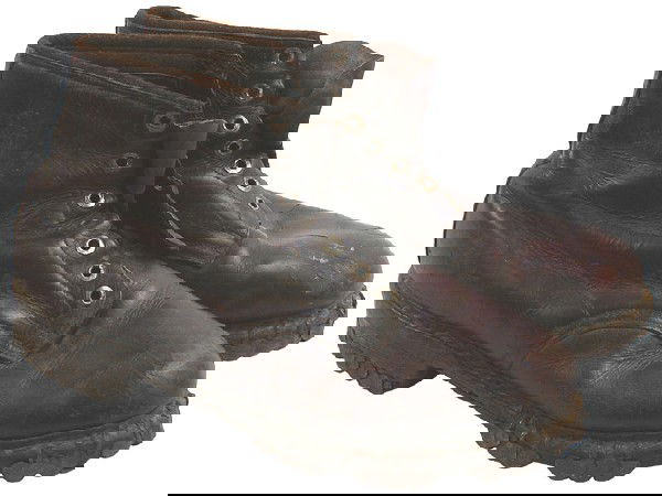 German WWII Mt. Troops M1944 boots: N-24 Pair of Mt. Troops M1944 boots. Lace-up, ankle high brown leather, with hob nails/steel reinforcement along soles and heels. No laces. II