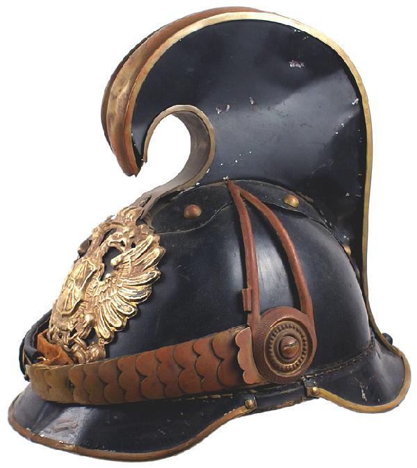 Austrian Dragoon M1905 NCO officer helmet: E-5 Same as above. Dent on front and back visors and sides of comb. II