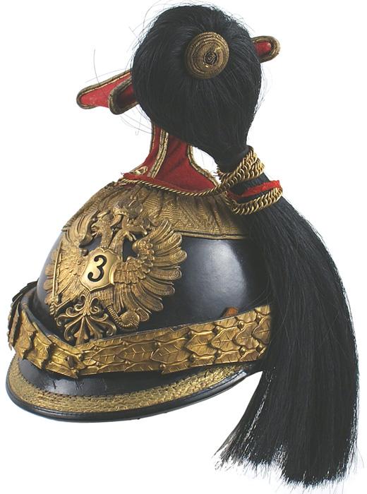 Imperial Austrian 3rd Uhlan Regiment czapka: E-6 Imperial Austrian 3rd Uhlan Regiment “czapka”. Patent leather body – with simulated gold embroidery on the brim. Original 2” wide designed “flat” gold bullion trim around base of deep 