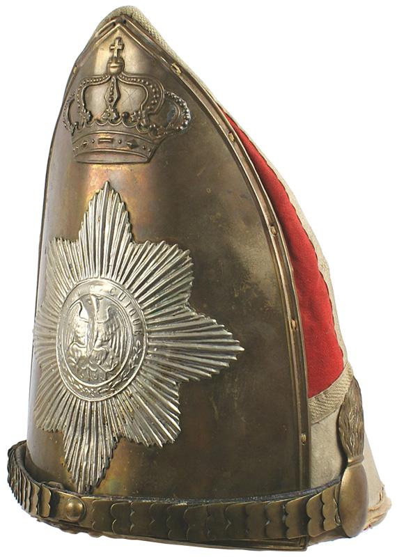 Imperial Prussian pre-1894 miter: E-19 Prussian Kaiser Alexander Garde Grenadier 3rd Battalion pre-1894 miter. Red cloth body with white trim and “tape” piping. Full brass frontplate with an affixed brass crown and large silvered 