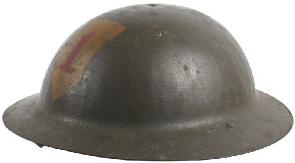 U.S. WWI "doughboy" helmet 1st Division: E-71 Same - 1st Division helmet. Large painted red "1" on a tan chevron on front - on a green painted body. No rolled edge on brim. Liner in poor condition. Chinstrap shows age. Abut II