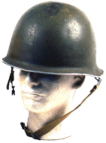 French post-WWII/Indo China era helmet: E-93 French post-WWII/Indo China era. O.D. finish. Similar in shape to the U.S. WWII, but with a flared-out back brim. Swivel bales and web chinstrap. White ink stamping “M.A.M.OU. – MARSEILLE –