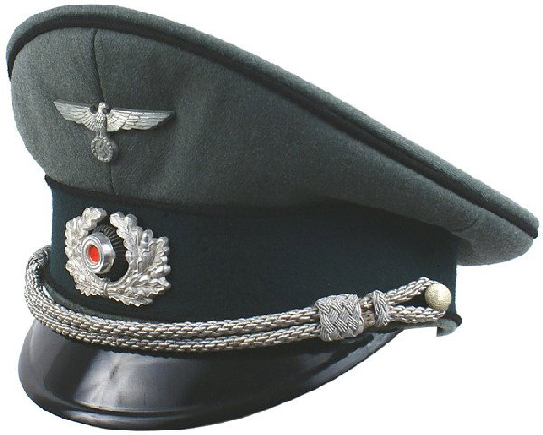 German WWII Army Pioneer officer peaked cap: E-137 Army Pioneer officer. Quality O.D. body with a dark green band and black piping. Metal silvered eagle/swastika and wreath/rosette. Gold bullion chin cord. Gray leather sweatband and silk lining.