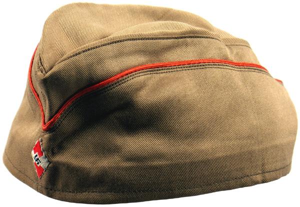 German WWII Hitler Youth o'seas cap: E-144 H.J. (Hitler Youth). Red piped quality tan body with a bevo type embroidered HJ diamond/swastika. Oilcloth "SOMMER MUTZE - RZM" label. II