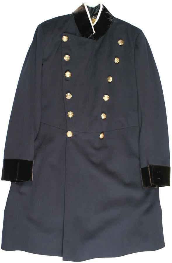 British Victorian Era Field Marshall dress coat: F-41 Victorian Era Field Marshall’s formal dress coat. Black “sealskin” material with black velvet cuffs and a 2 ½” standup collar. Two rows, of six each, gilt brass domed buttons with a reli