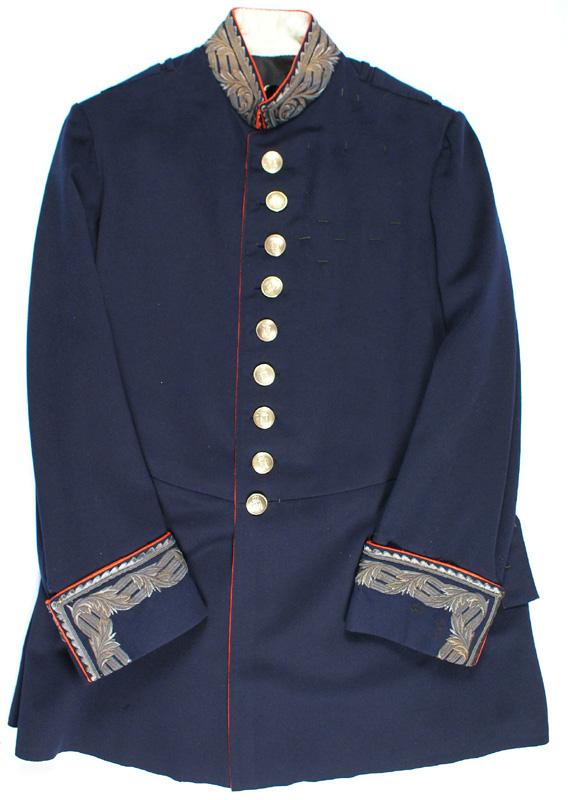 Imperial Prussian formal Court frock coat: F-55 Imperial Prussian formal “Court” dress frock coat. Fine quality dark blue “doeskin” with red piped 2 ¼” standup collar, front and cuffs. Nicely age-toned gold bullion palm leaves/conne