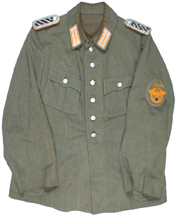 German WWII Rural Police Meister Rank tunic: F-62 Rural Police Meister Rank summer weight tunic. Police green denim material with an “Ansbach” sleeve eagle/swastika. Silver wire on orange underlay collar tab, with silver wire piping. Silver