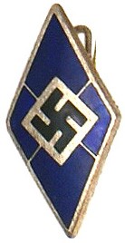 Ukrainian WWII Hitler Youth member diamond pin: B-58 Ukrainian Hitler Youth members "diamond" pin. Black swastika on a silvered panel on blue enamel. Marked "OTTO HUFFMANN" and "GES. GESCH." Rare. II+