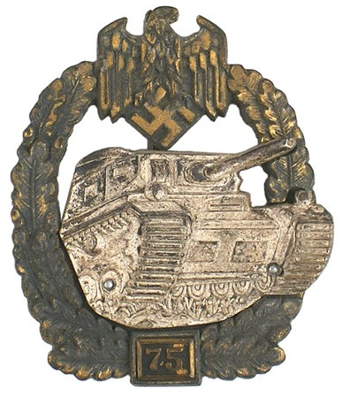 German WWII Panzer 75 Assault Badge Medal: B-195 Panzer 75 Assault Badge. Large eagle/swastika at the top of an oak leaf wreath holding a toned “frosted” silvered front view of a tank. Bottom of wreath has a panel with the number “75”.