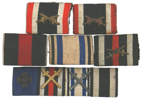 Lot of 6 German WWII ribbon bars: B-207 Lot of six: 5 singles - (Bavarian M.O., 1914-1918 with Swords, 2 KvK with Sw., Sudetenland Occupation and a 4-ribbon bar (1914 Iron Cross, Bavarian M.O., 1914-18 and Naz. 25-yr. Cross). II