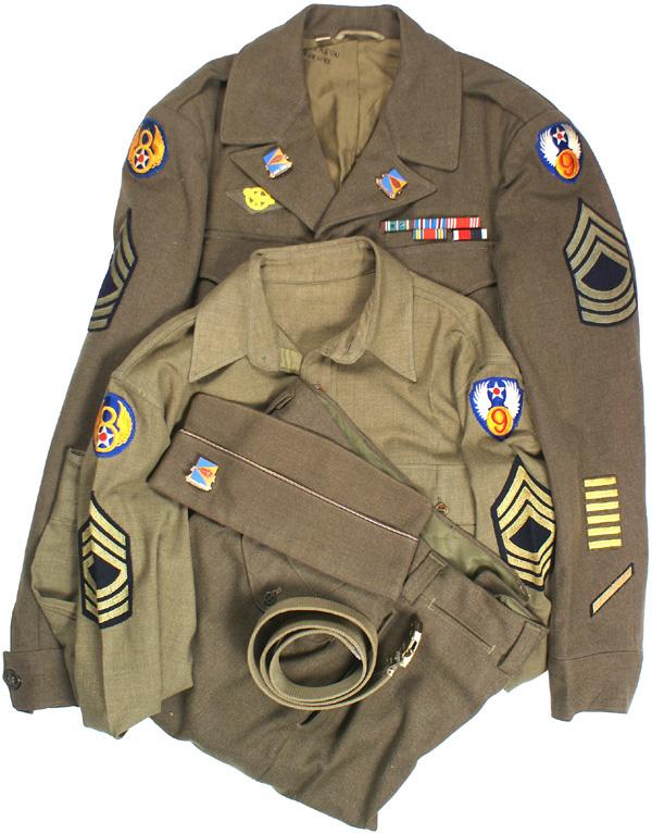 USAAF WWII Fighter Squadron 357 lot tunic etc: S-10 Grouping from M/SGT. G. Peterson, a member of U.S.A.A.F. WWII Fighter Squadron 357 (355th Fighter Group). Includes: (1) “Ike” jacket with embroidered 8th and 9th AF “patches”, Master Serg