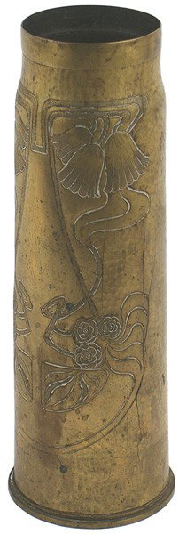 WWI trench art vase: G-26 WWI trench art vase. Made from a 11 ¾" tall British brass artillery casing. "Hammered" surface, with art deco style engraved floral work. Bottom is dated "1917". II