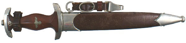 German WWII SA dagger: D-1 SA dagger. Rosewood grip with an early nickeled eagle/swastika and SA insignia. Lower crossguard marked “No” (Nordost). Blade, with motto, “Alles fur Deutschland”, has most of the original