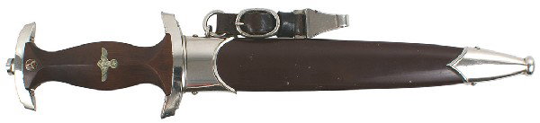 German WWII SA dagger: D-2 Same as above –but with an unmarked crossguard. About excellent blade, made by “PUMA” with “RZM – M7/27”. Dark brown finish on scabbard. Leather/snap hanger. Except for some minute “