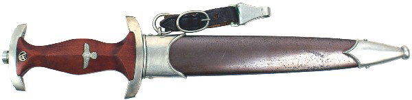 German WWII SA ground Rohm dagger: D-8 SA ground Rohm dagger. Standard pattern as above. Patina on silvered eagle and “SA” emblem in grip. Some light areas where brown finish has worn. Lower cross guard is stamped “No” (Nordost