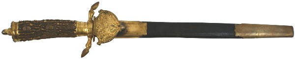 Deluxe Hunting Association hirschfanger dagger: D-31 Deluxe Hunting Association “hirschfanger”. Stag grip with three age-toned brass “acorns”. Toned gilt lined oval pommel cap and “acorn” rivet. Gilt stag hoofs “S” shaped crossguard