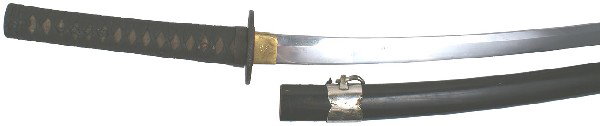 Japanese Samurai sword Katana 16th century blade: D-68 Katana with a 16th century blade. Unmarked darkened tang shows age. 23 ¾” clean curved blade. Small nicks on cutting edge and some subdued low cloud-like temper line. Blade shows age. Brass ha