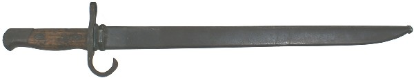 Japanese Arisaka M1897 bayonet: D-102 Japanese Arisaka M1897. Steel pommel and "hooked" guard/muzzle ring. 15 5/8" clean blade - has been sharpened. Kokura Arsenal mark. 60% blue on steel scabbard shows some wear. II