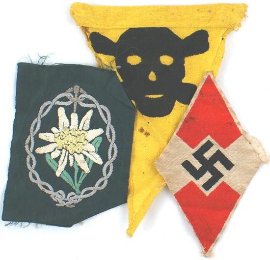 Lot German WWII cloth insignia HJ patch: H-75 Lot cloth insignia: (1) Bevo embroidered HJ sleeve patch. (2) Mt. Troops "edelweiss" sleeve "patch". (3) Minefield marker flag. II-