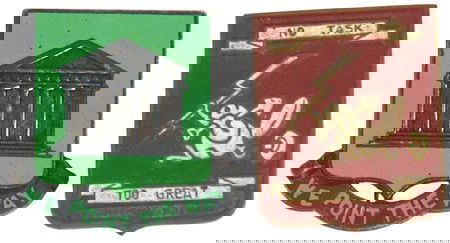 2 U.S. WWII DI's Pathfinder USMC: H-102 Two U.S. WWII DI's: (1) Pathfinder. Classical building with "WE POINT THE WAY". Made by "MEYER". Pin-back. (2) USMC. Painted animal figure holding a shovel and lightning bolt with "NO TASK TOO G