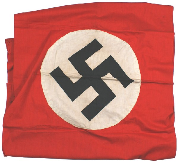 Early German WWII NSDAP banner flag: H-115 Early N.S.D.A.P. banner. Printed black swastika on a white disc. Sewn to a red field. Pole sleeve is stamped "Deutsche Front - Ortsgruppe…iverberg". 73" x 29". II