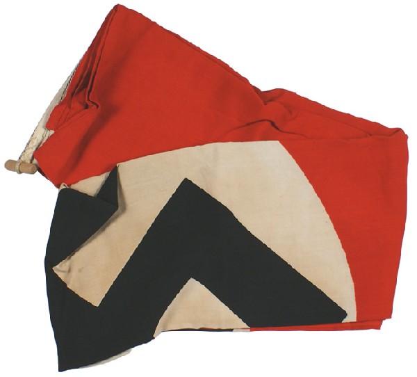 German WWII NSDAP banner flag: H-116 Similar. Black printed swastika on a 27" diameter white roundel - all on a red field. Some mothing on lower corner. Rope and wood dowel for attaching. Label of maker "Bonner Fahnenfabrik-Bonn a.