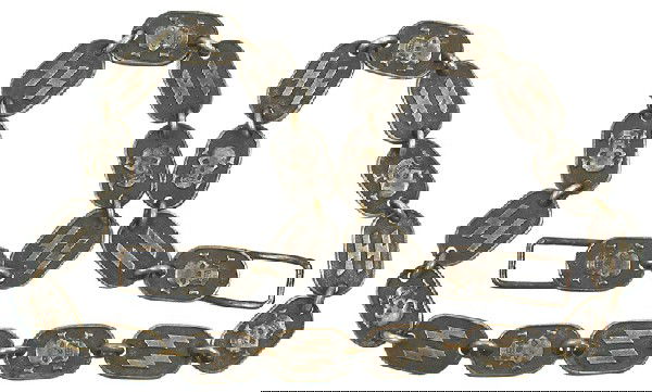 German WWII SS gorget neck chain REPRO: H-135 REPRODUCTION SS gorget neck chain. 23 links of alternating panels bearing a "totenkopf" and "SS" runes. Squared open ends for attaching. One end link is stamped "SS". Darkened patina. (It has b