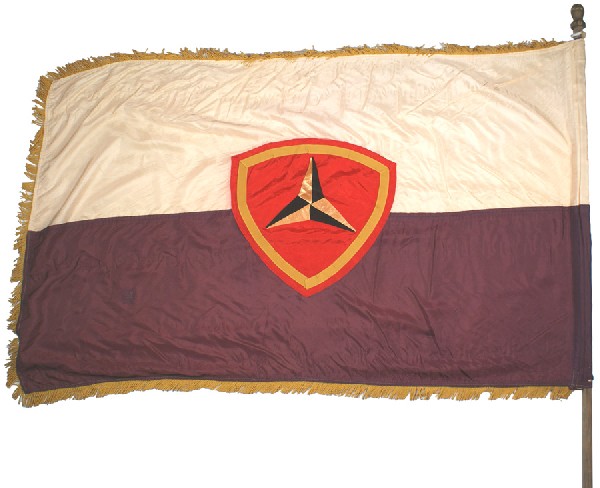 U.S. WWII USMC Divisional Standard: H-169 USMC silk 3rd Divisional Standard. 9” high black/gold caltrop on a red shield with an inner 1” wide gold “tape” perimeter. Shield is mounted on the center of an upper white, lower purple
