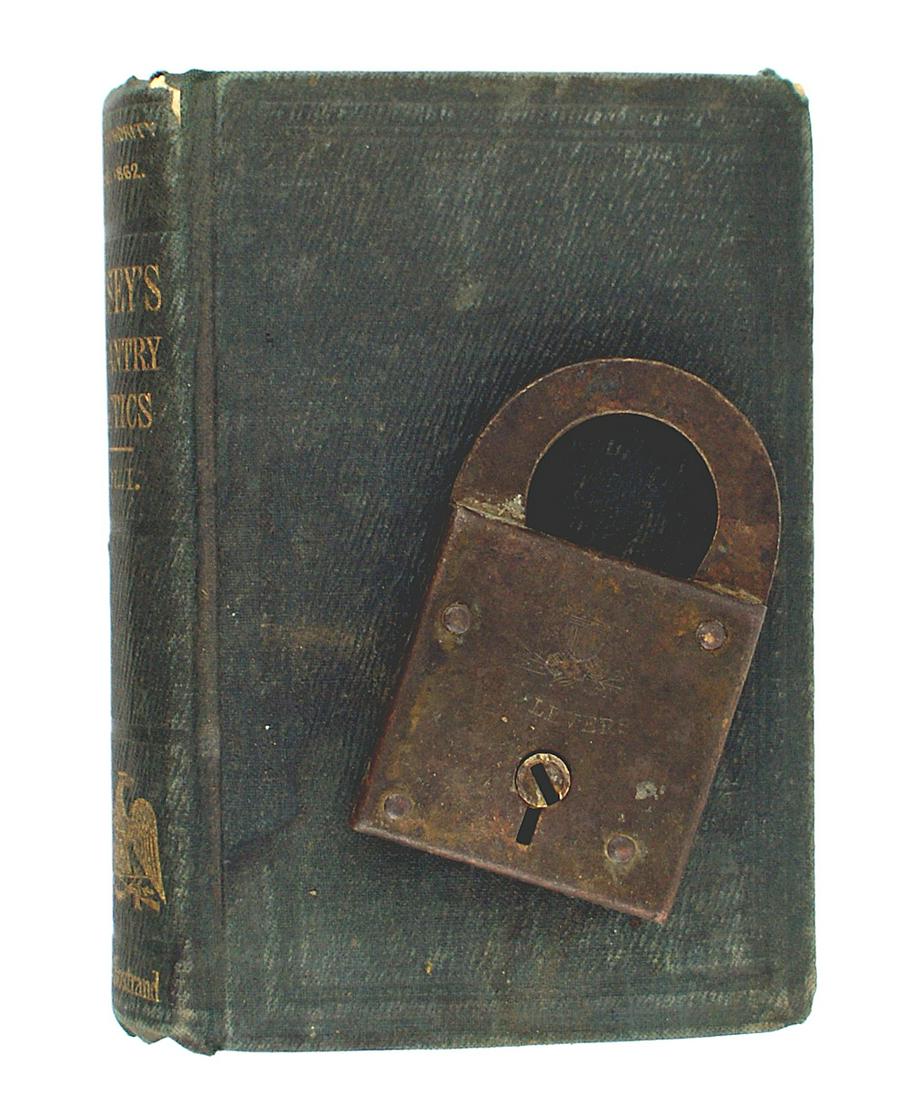 Civil War lot INFANTRY TACTICS padlock: K-017 Civil War lot: (1) "INFANTRY TACTICS" by "Brig Gen Silas Casey". Published in 1862. 279 pages. Includes military procedures, use of weapons, training, terminology, drum/bugle calls, etc. With il