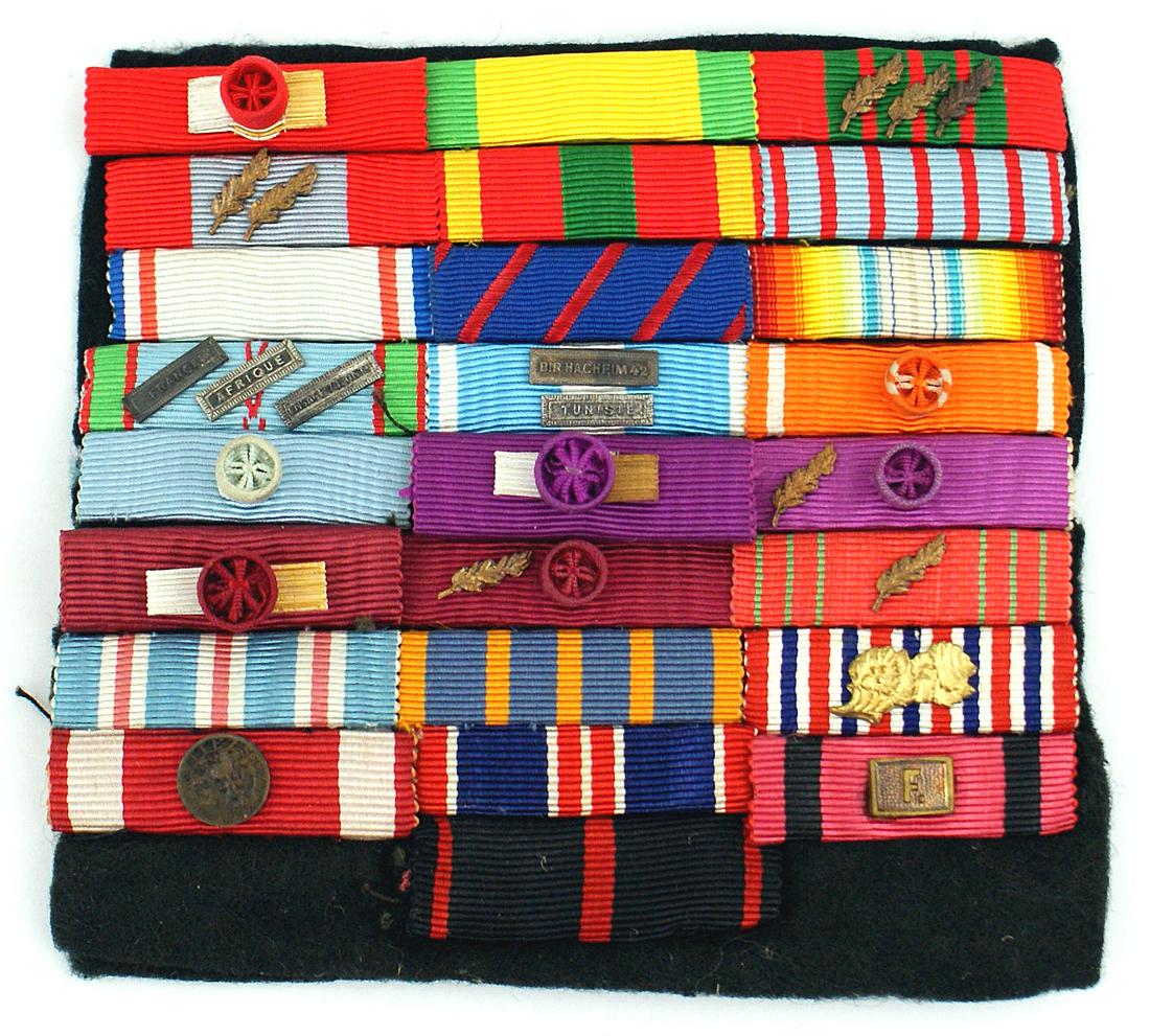 Ribbon bar set of 25 majority are French: B-098 France. Ribbon bar set of 25 on cloth backing. Majority are French with some Czech. Many of the full size medals are offered in this auction. II+