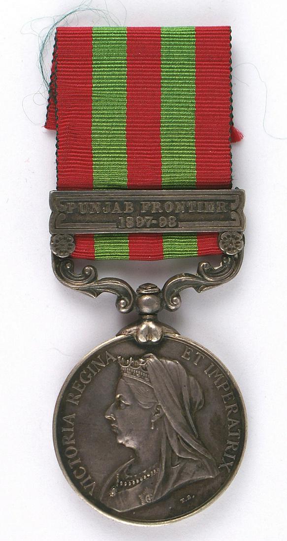Great Britain India General Service Medal: B-101 Great Britain. India General Service Medal. Silver. 1895, clasp "Punjab Frontier 1897-98". Named to (Shinkwin, Royal Irish Regiment). Nice Patina II+