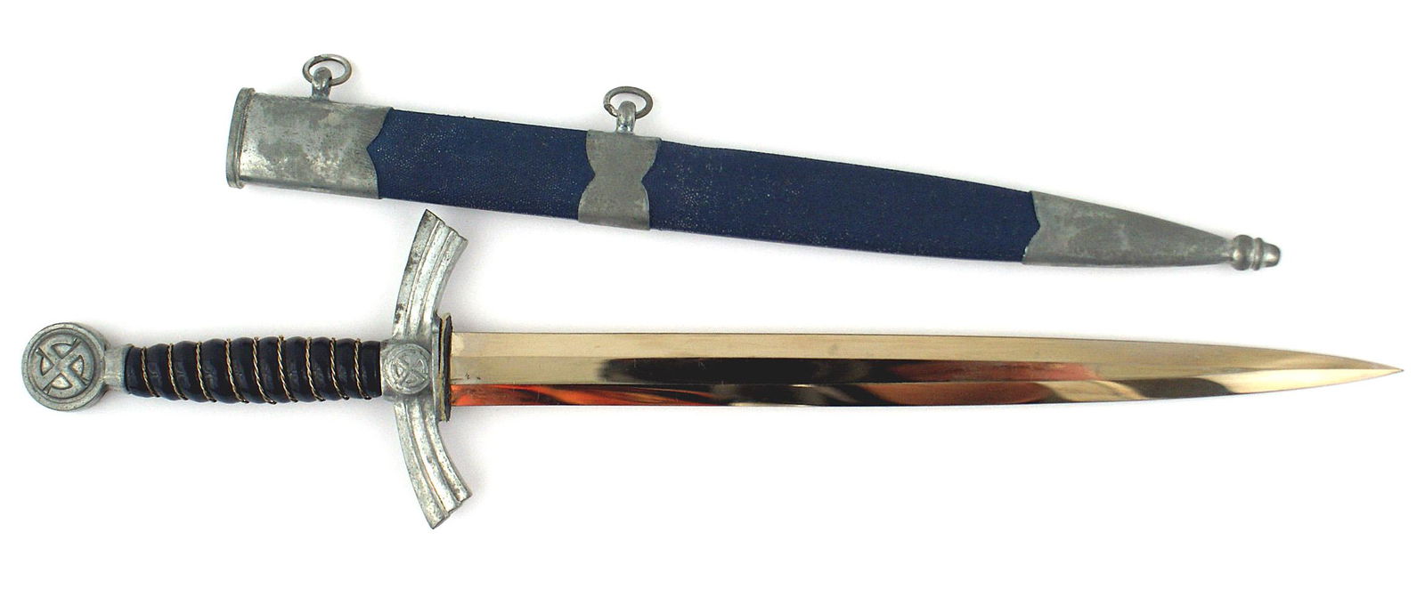 German WWII mini 1st Model Luft dagger: D-007 German Third-Reich miniature 1st Model Luftwaffe dagger. "Sun - wheel" swastika on pommel and center of turned down wings crossguard. Gold wire wrapped deep blue bakelite grip. Excellent 6 1/8"