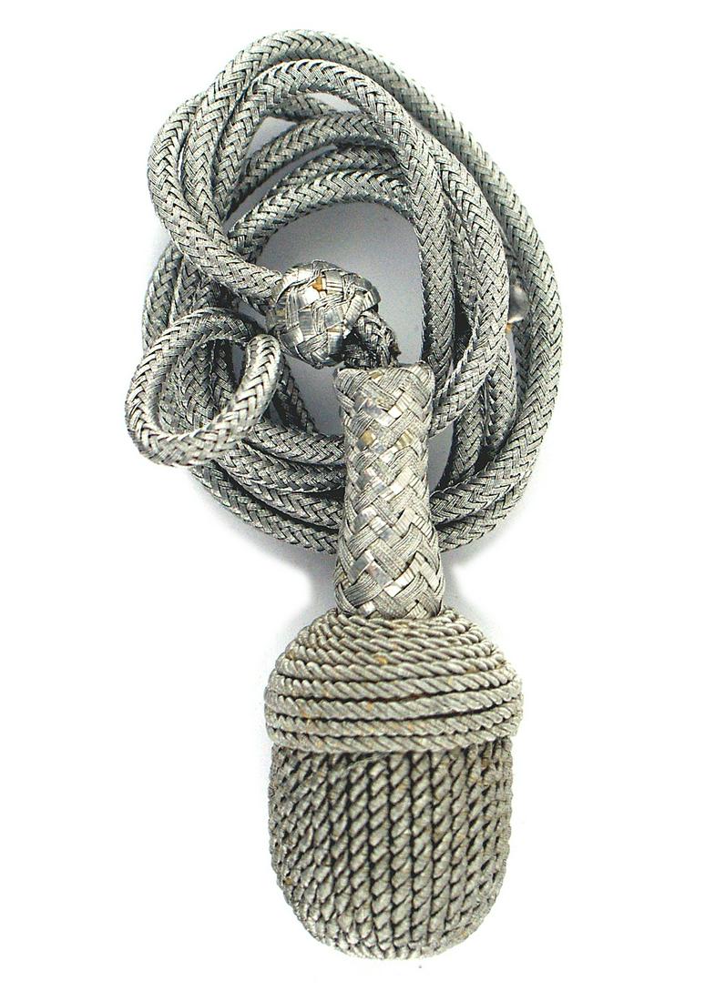 German WWII Army officer dagger portopee: D-015 German Third-Reich Army officer dress dagger portopee. Silver bullion 18 1/2" cord, slide and acorn. I