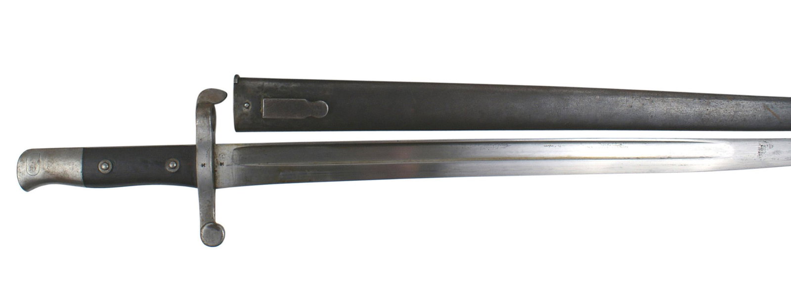 Portugal Guedes M1886 bayonet: D-052 Portugal Guedes M1886 bayonet. Clean steel pommel and cross guard/muzzle ring (marked with a cypher and "FF 542"). Clean 18 1/2" blade and the same cypher. Spine is marked "Steyr 1886". Darkened