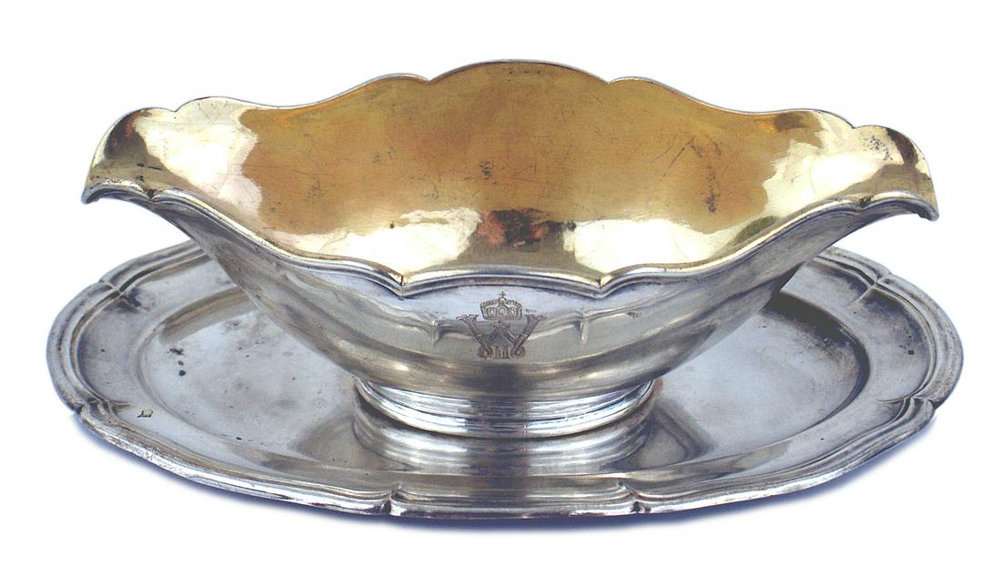 German Kaiser Wilhelm II personal silver sauce boat: A-001 Kaiser Wilhelm II silver table service sauce boat. 4 1/4" x 9 1/2" x 3" classic shaped with an open pouring spout on each end. Gilt washed interior. One side is engraved with the Hohenzollern cr