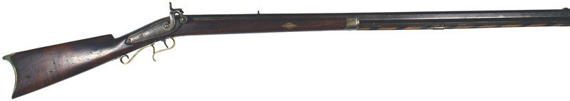 American half-stock percussion rifle: M-2 American half-stock percussion rifle. 32 cal. Octagon barrel is marker marked "C. KELLER - EVENSVILLE, IND." (Charles Keller migrated from Oldenburg, Germany). Slant type side lock has some linear