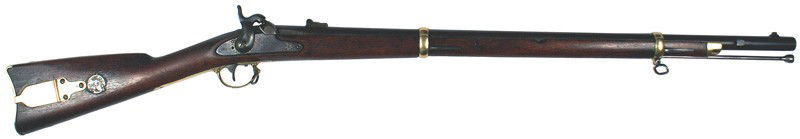 Remington 1863 percussion Zouave Rifle: M-9 Remington 1863 percussion "Zouave Rifle". Browned barrel with a lug to accommodate a saber bayonet. Marked above tang with an eagle head and "VP" and "1863". Folding rear sight. Two brass bands, e