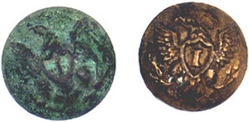 Lot of 2 Civil War Union Infantry button: K-8 Lot of 2: (1) Similar to above, GI 88, but 20mm. Green patina - was excavated. With shank. (2) Similar to G I 91 B. Reverse: "HORSTMANN - N.Y. & PHIL". With shank. Was excavated - retains much of 
