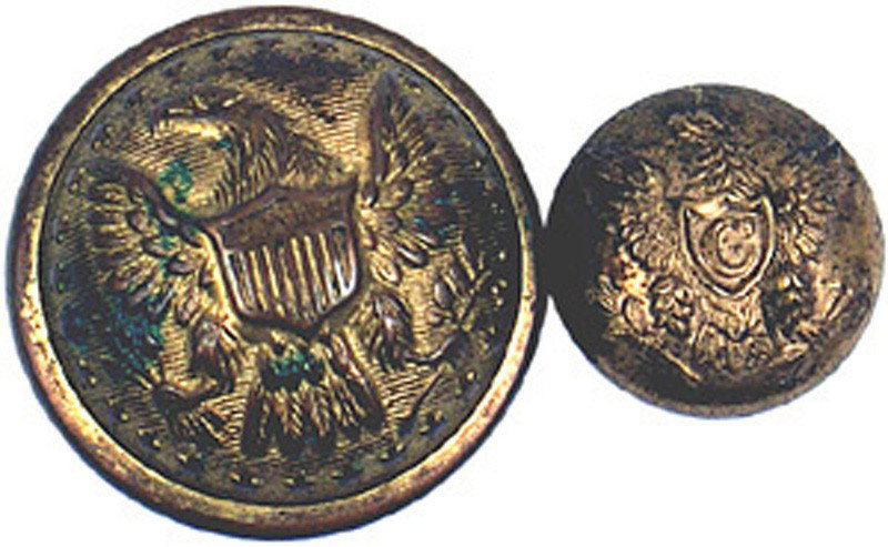 Lot of 2 Civil War 2-piece buttons: K-10 Lot of 2 Civil War convex two-piece buttons with shanks: (1) General Staff. Similar to GS 7 B with border, but with four arrows in right talon. Marked "HORSTMANN BROTHERS + Co. - PHIL.". (2) Cava