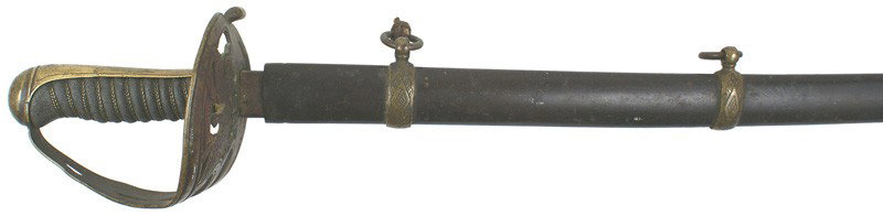 Civil War non-regulation officer sword: K-48 Civil War non-regulation officer's sword. Brass backstrap/pommel and large pierced "basket" guard, with an eagle and "US". Twisted wire wrapped sharkskin grip. 32 1/8" slightly curved blade shows