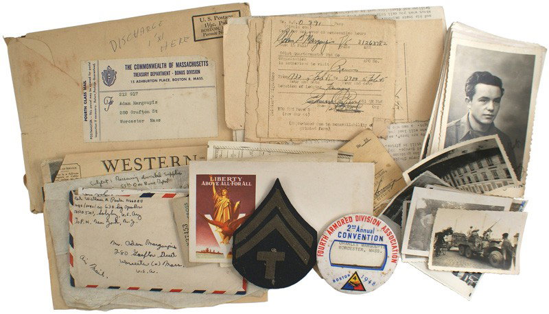 Lot U.S. WWII member of the 4th Armored Corps: Q-46 Lot of photos and ephemera related to a WWII member of the 4th Armored Corps serving in Europe. Includes: (1) 24 photos - weapons carrier, buddies, liberation of St. Quentin, French troops, "V-E 
