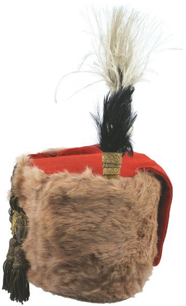 Imperial Austrian kalpak busby helmet: E-6 Austrian "kalpak" for a General's grade rank in Hungarian uniform. Marten fur 6 ¼" high type busby with a red cloth "kalpak". Braided heavy gold bullion cord with a bullion crowned double-headed 