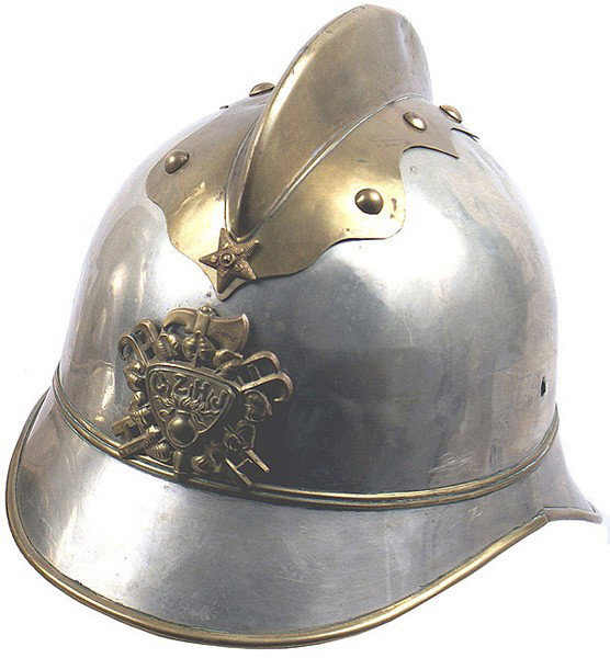 Czech Pre-WWII fire helmet: E-69 Similar to above - but with a variant front badge. All gilt brass, with fire motifs/linden leaves and a center shield bearing a flaming grenade and "CZHJ". All brass comb, with a scalloped base a