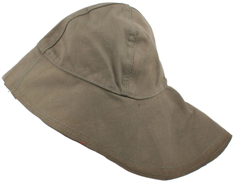 German Navy WWII foul weather hat: E-130 Navy WWII "Southwester" "foul weather hat". Rubberized O.D. material, with a pliable 3" front brim and 6 ½" back brim. Maker marked "WILLY SPRENGPFEIL - MUTZENFABRIC - HAMBURG 19", dated "1940"
