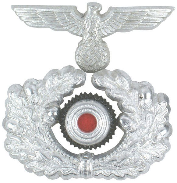 German WWII Army peaked cap insignia: E-132 Army officer peaked hat set of metal insignia: (1) Eagle/swastika - marked "38". (2) Oak leaf wreath with "polished" silver acorns and highlights. Red cloth center of rosette. II+