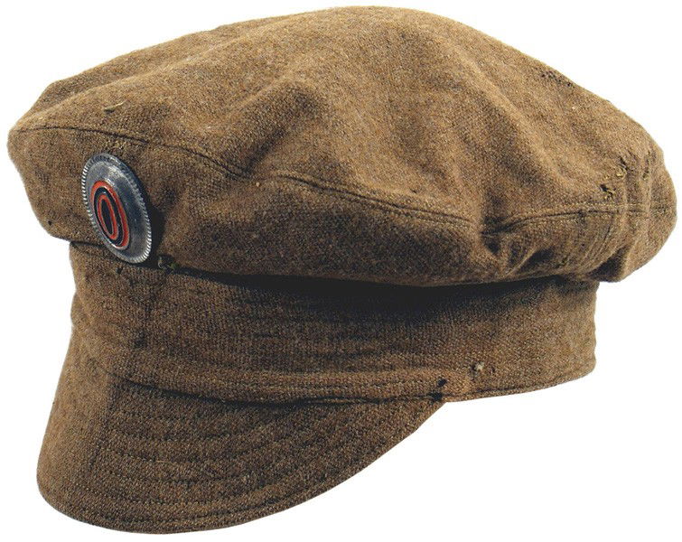 Russian WWI EM field cap: E-170 Russian WWI EM field cap. Well made yellow-brown wool - with a stitched band and soft visor. Cast gray metal Russian rosette - painted orange/black. "Polished" cotton type lining is marked with