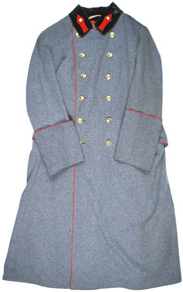 Imperial Austrian Field Marshall General overcoat: F-3 Imperial Austrian Field Marshall/General's dress overcoat. Blue-gray wool with red piped pockets, cuffs, front, lower back and belt. Dark olive velvet collar with "parolis" (red collar tabs with g