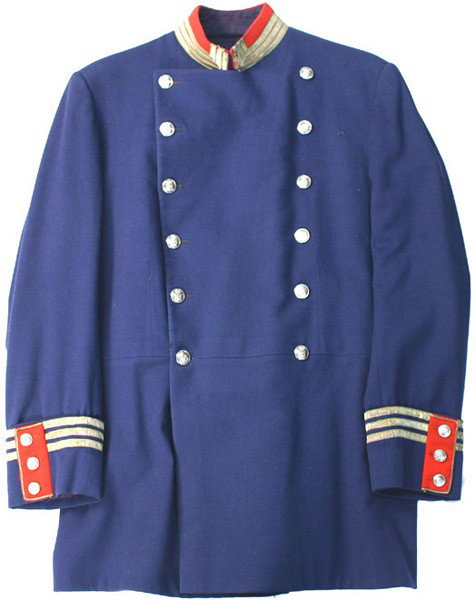 Imperial German Prussian Beamten tunic: F-31 Prussian "Beamten" tunic. Civil official's blue "pocketless" type with three 1 3/8" rows of silver "tape" on a standup red collar. Silver wire piped vertical red cuff tabs, with three silver crow